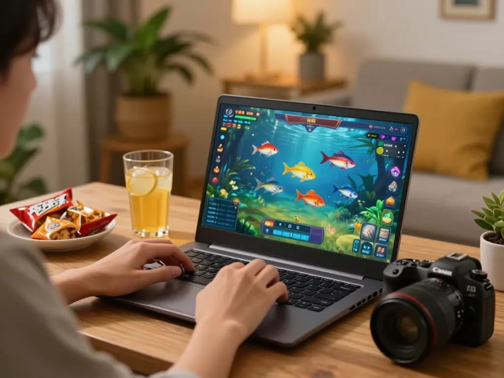 bắn cá đổi thưởng gameplay on a cozy home laptop, emphasizing excitement and strategic gaming.