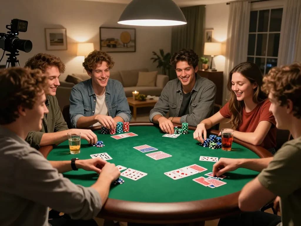 Engaging friends playing poker at home, highlighting 33win gaming strategies and camaraderie.