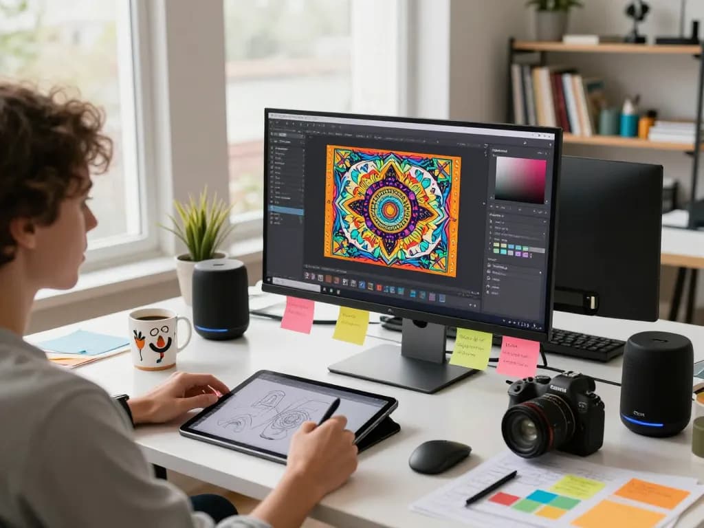 Creative workspace with artist using nano banana 2 AI editor on high-res monitor, vibrant graphics and design elements.
