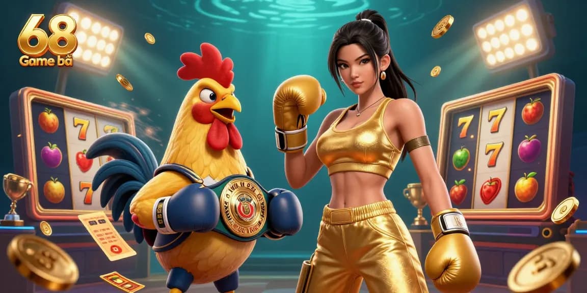 68 Game bài captures vibrant slot game elements in a dynamic casino scene with a powerful boxing champion.
