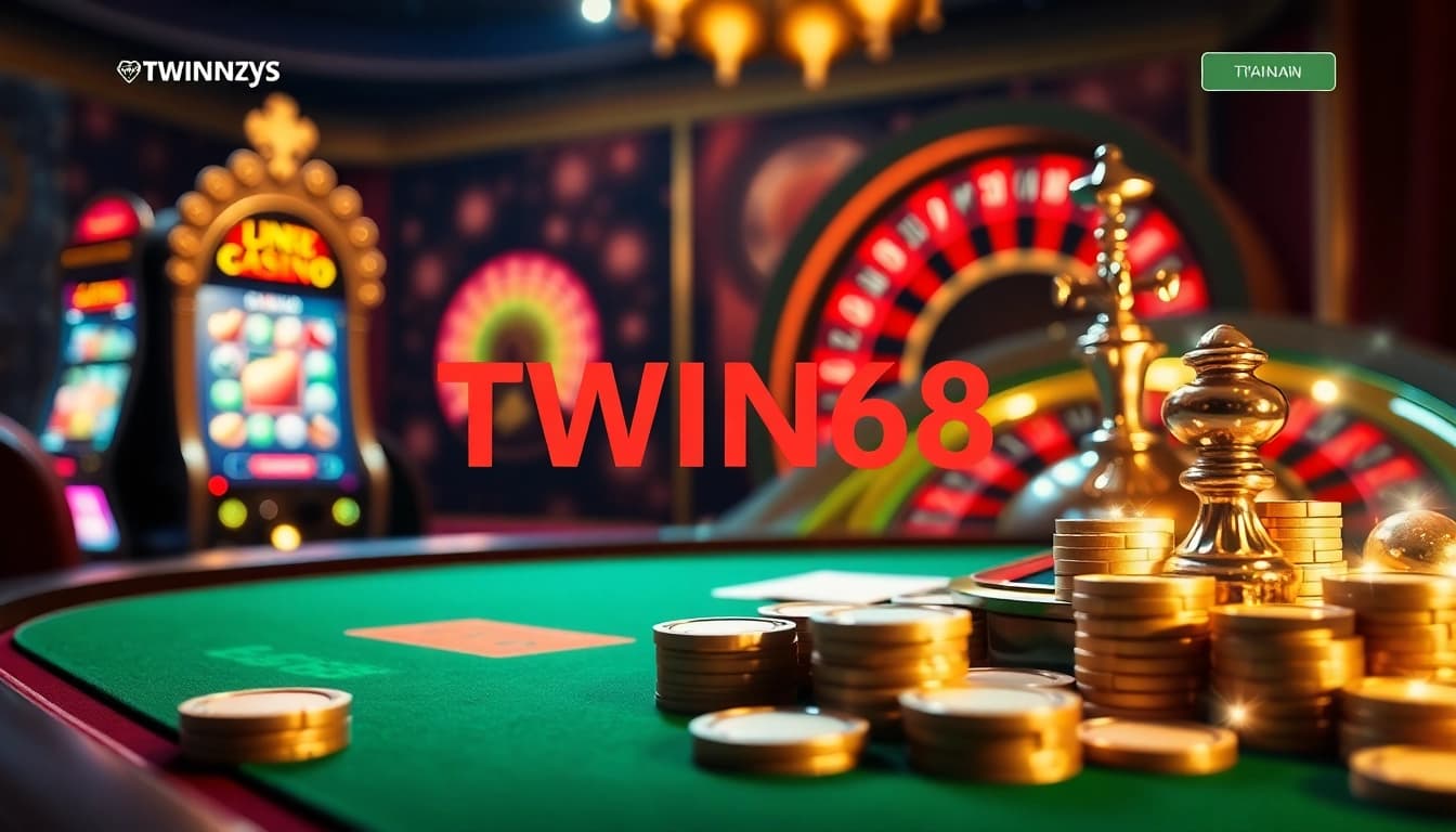 The vibrant gaming scene at https://twin68.world/ showcases thrilling online gambling with casino tables and slot machines.