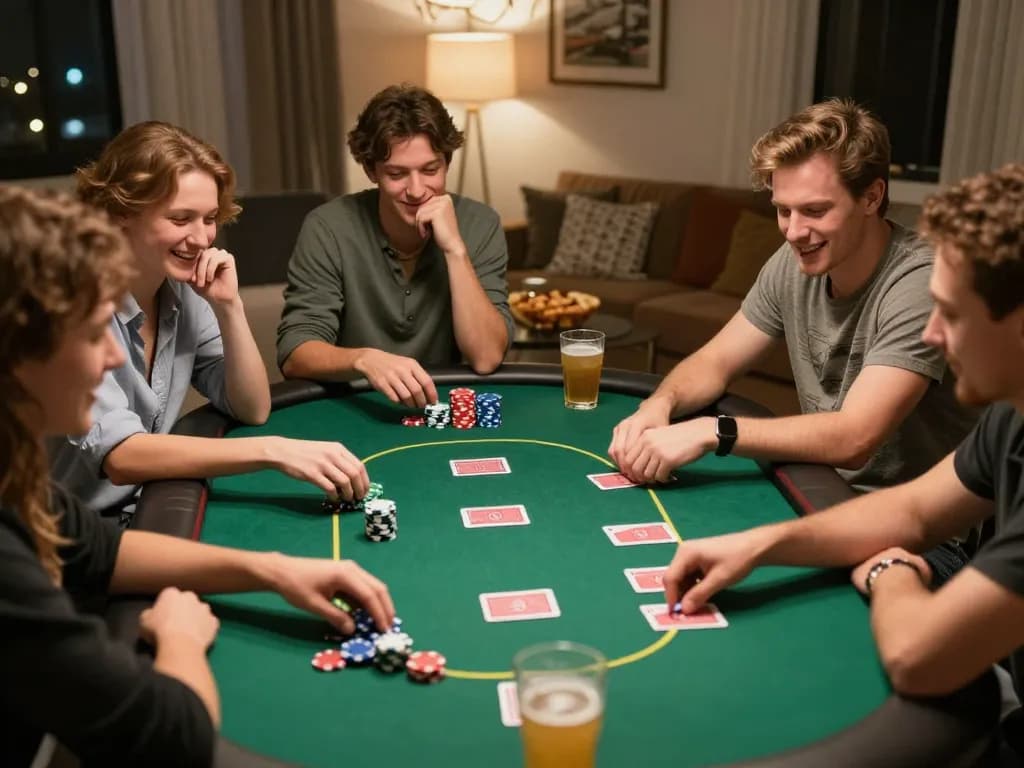 Engaging home poker night showcasing friends excitedly analyzing soi kèo nhà cái strategies while playing