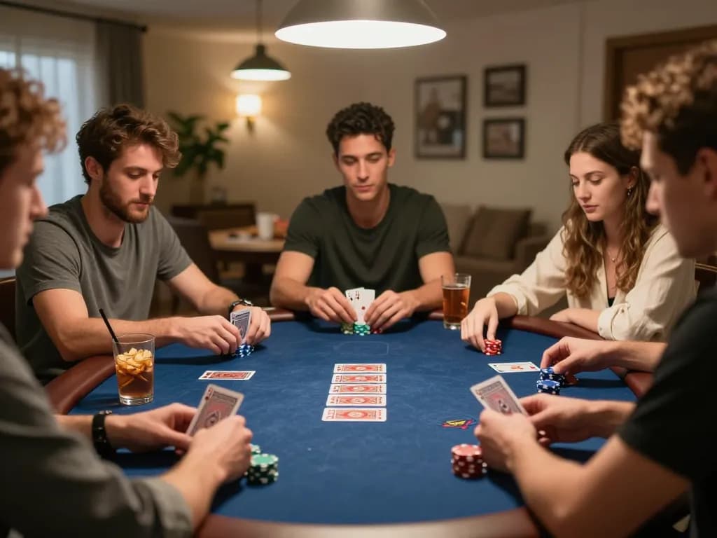 Dabet players enjoying an engaging poker night with chips and cards, showcasing strategy and camaraderie.
