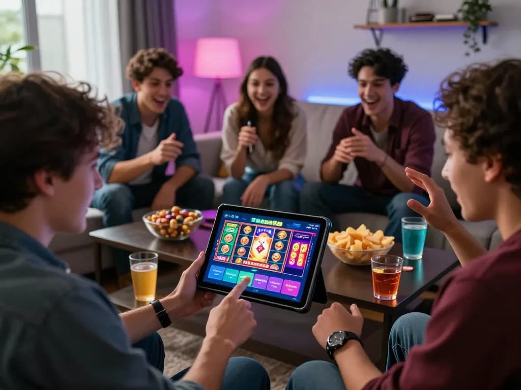 Friends enjoying online gaming with gem88 platform on tablet in a vibrant, colorful setting.