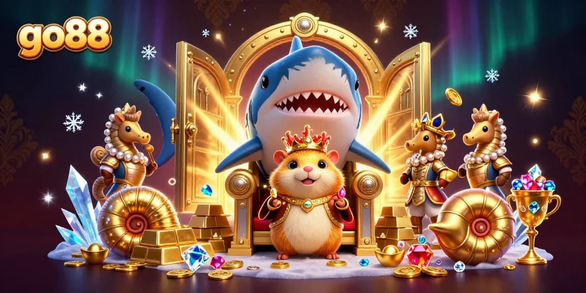 Win big at go88 with a vibrant 3D illustration featuring an adventurous hamster king and sparkling treasure.