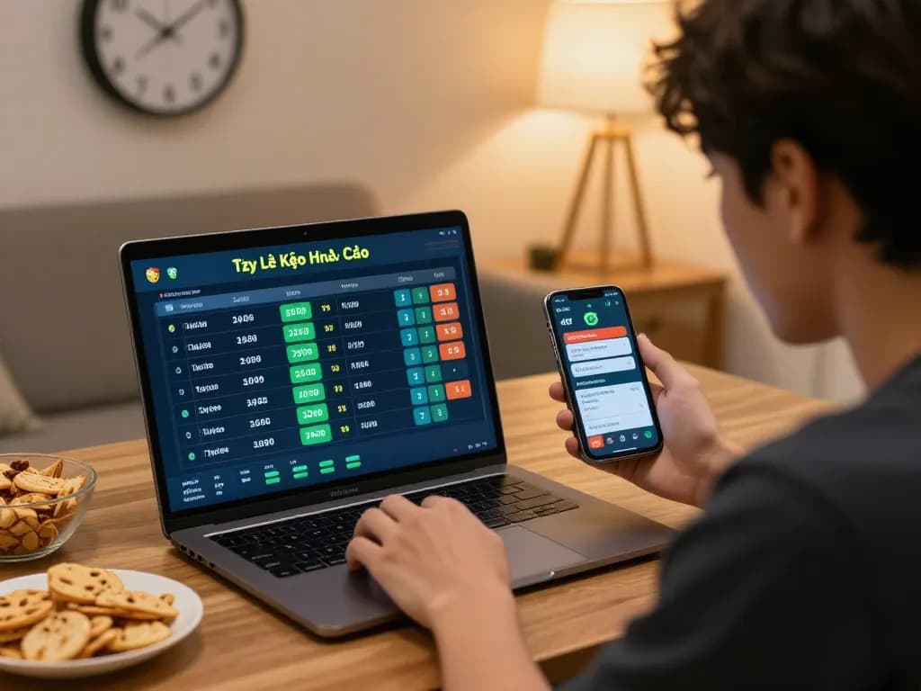 Tỷ lệ kèo nhà cái displayed on various devices, showcasing intense online betting action in a cozy home setup.