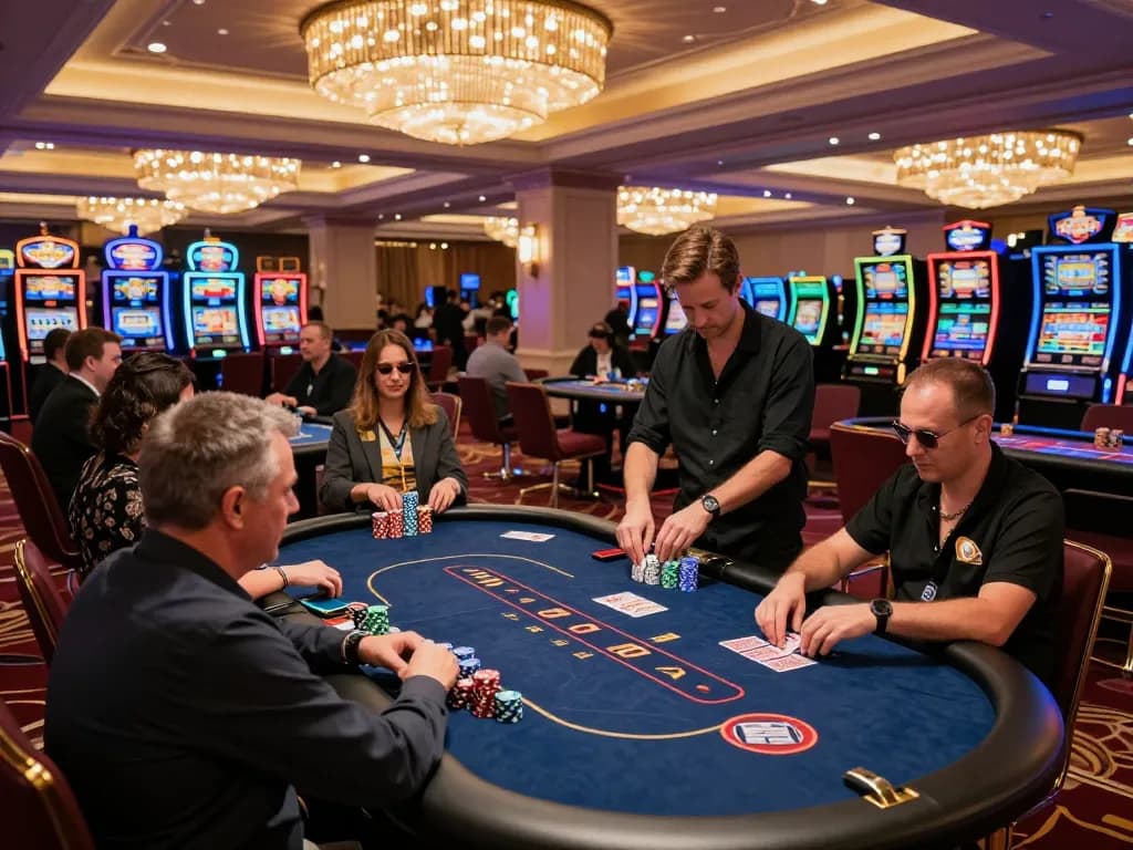 Players at 789WIN engaged in poker action amidst a luxurious casino setting with vibrant décor