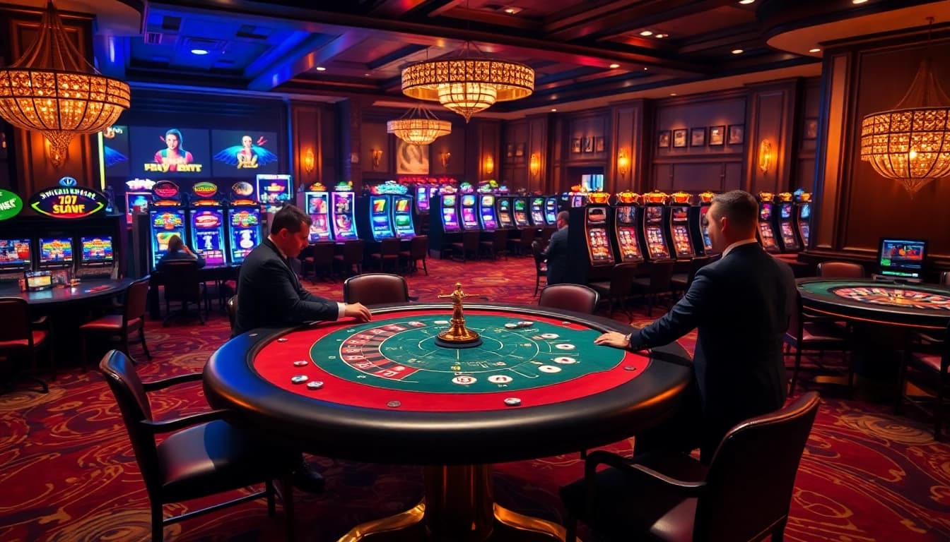 Scene depicting 789F poker players at a luxurious casino table, surrounded by vibrant slot machines.