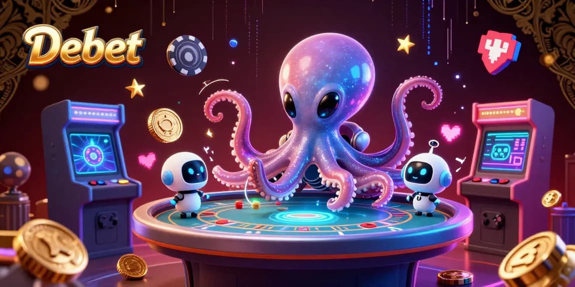Debet's alien octopus dealing exciting poker games amidst glowing casino elements.