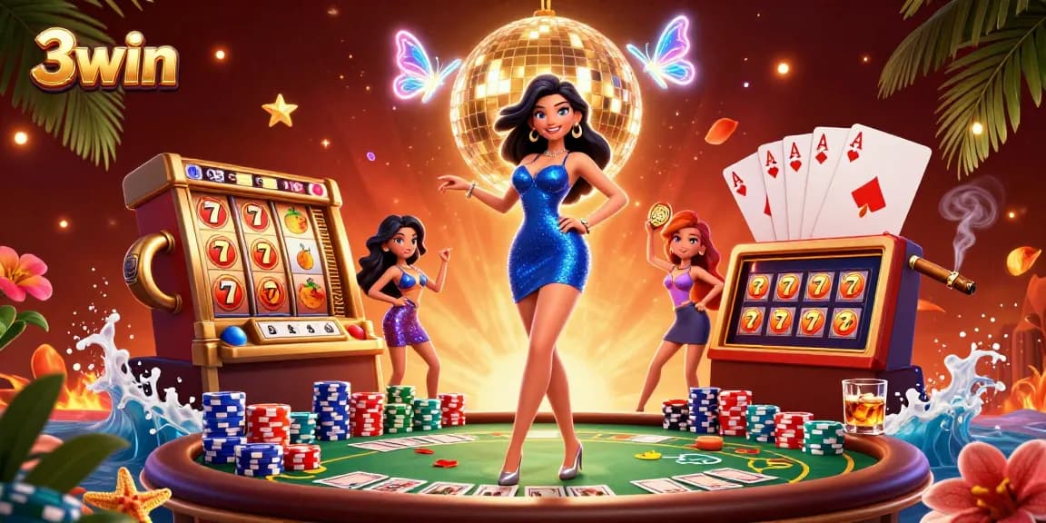 Engage with 3win's vibrant casino scene filled with dynamic slot machines, poker elements, and a glamorous atmosphere.