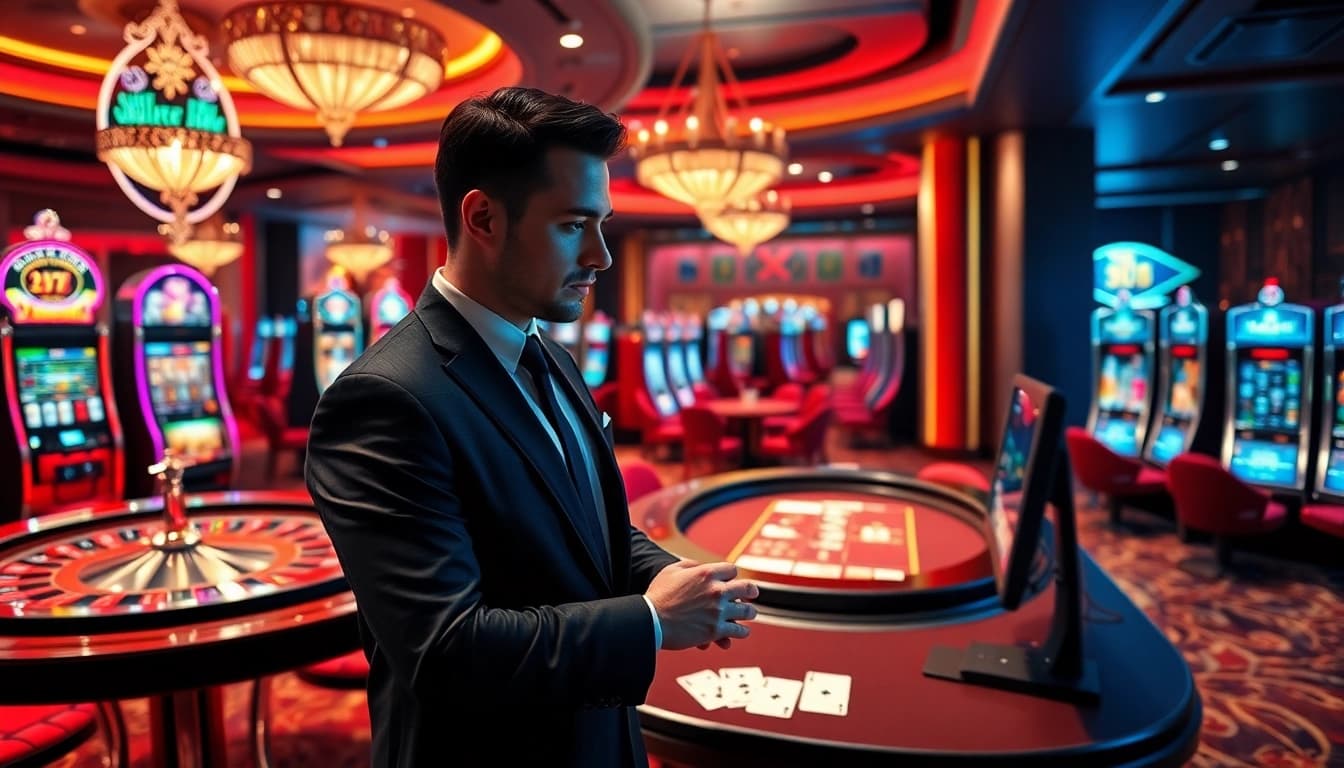 Experience the thrill of win55 at a luxurious casino with vibrant slot machines and engaging poker tables.