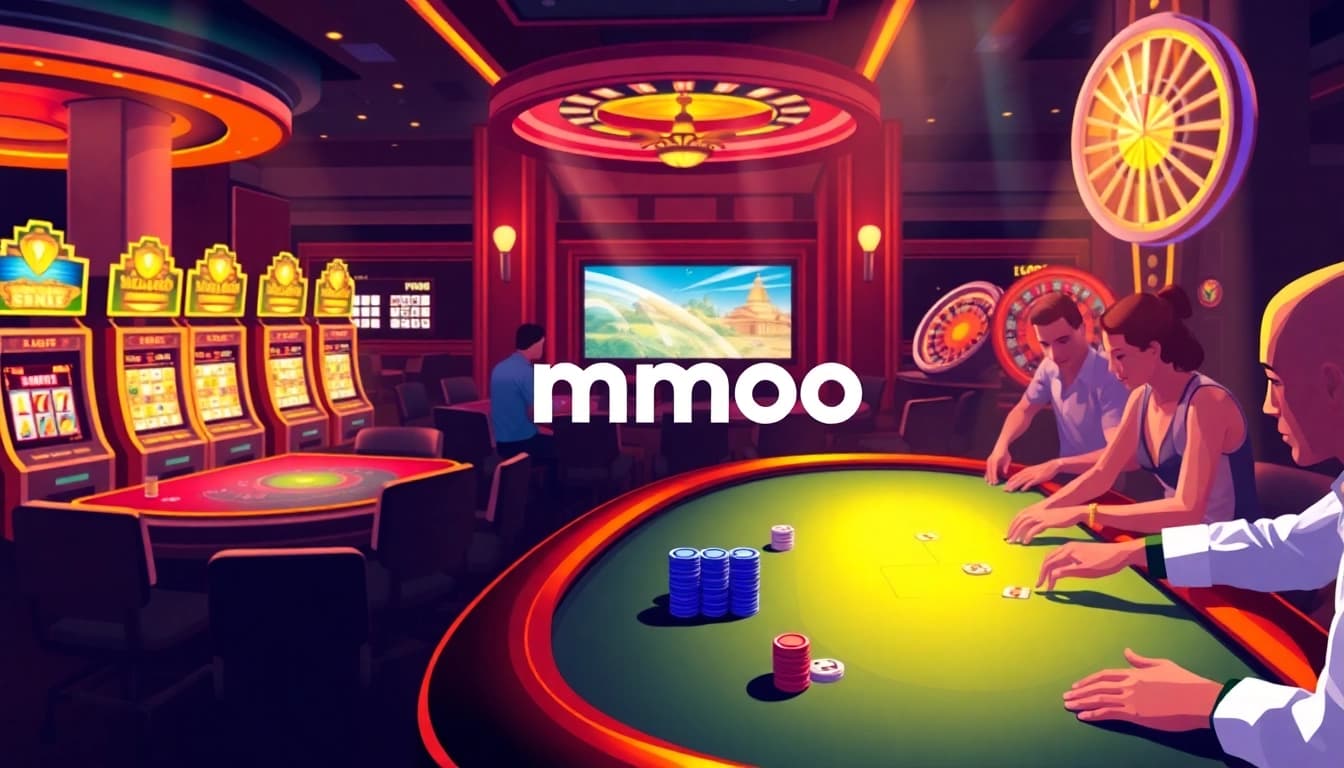 High-stakes poker action at a luxurious casino featuring mmoo promotions and vibrant gaming atmosphere.