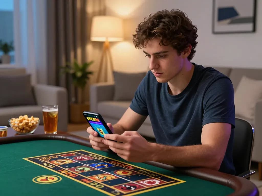 Player enjoying OPEN88 mobile gaming app in a cozy living room setting during evening.