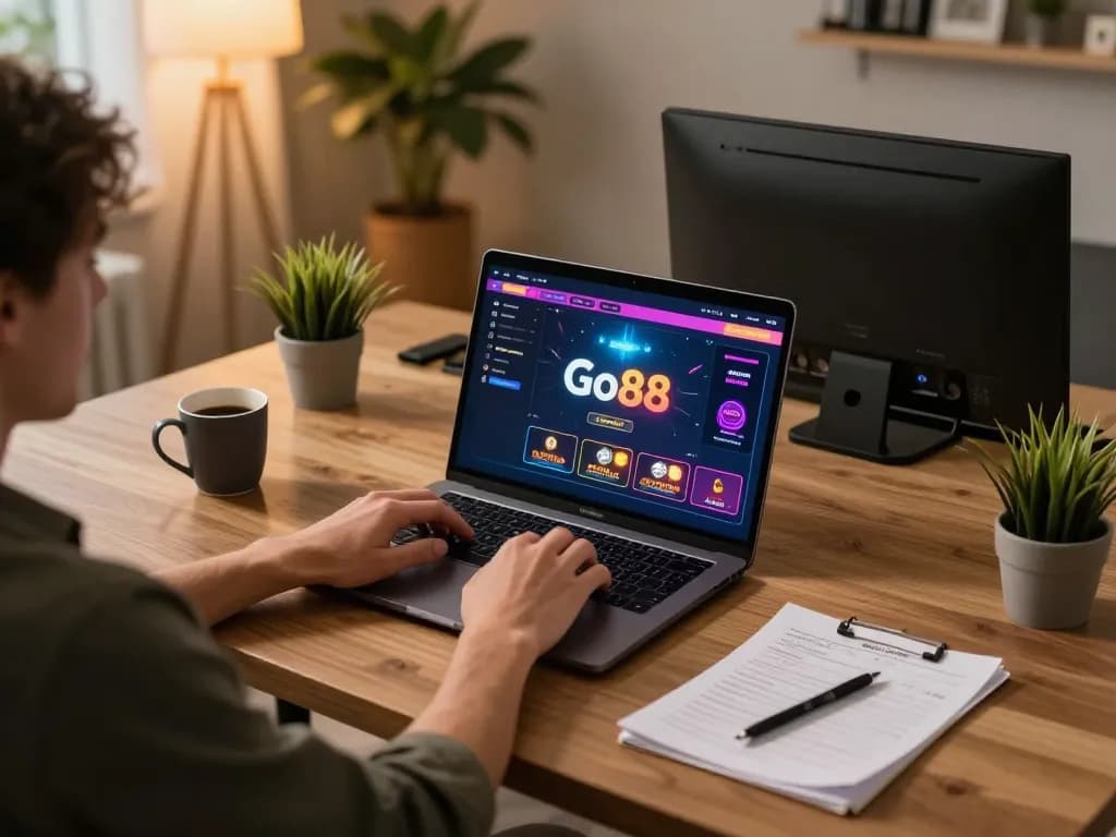 Playing Go88 on a laptop during a cozy gaming session at home, showcasing responsible gambling