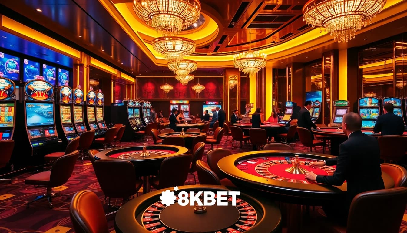 Players enjoying a vibrant gaming experience at 8KBET's luxurious casino tables