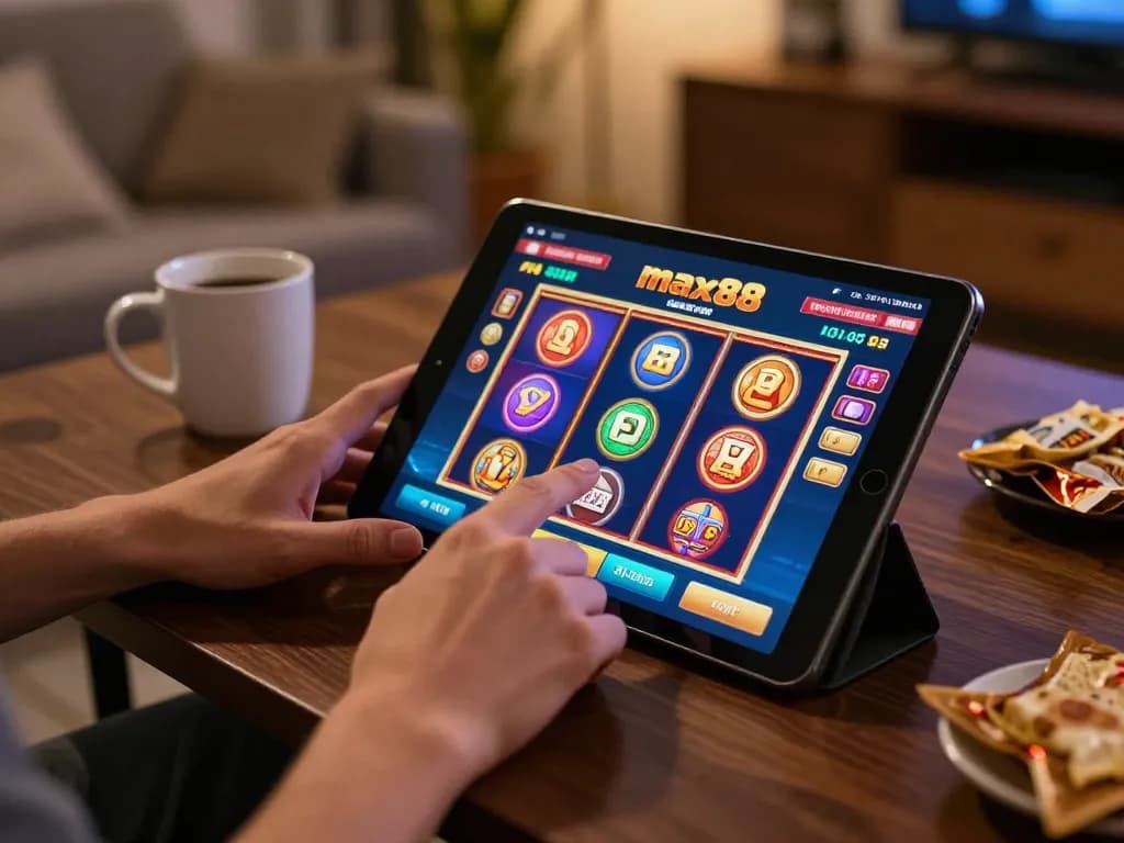 Players enjoying the max88 app for slot games at home, engaging in online gambling.