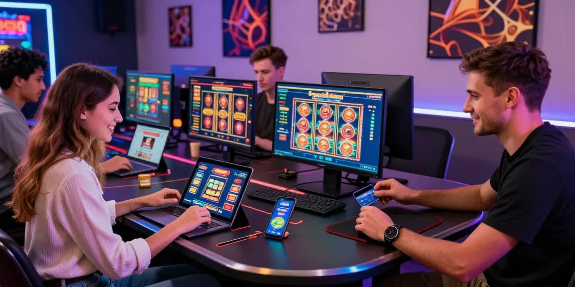 Diverse players enjoying games at jumpspace.org.uk credit card casinos, showcasing modern devices and vibrant setting.