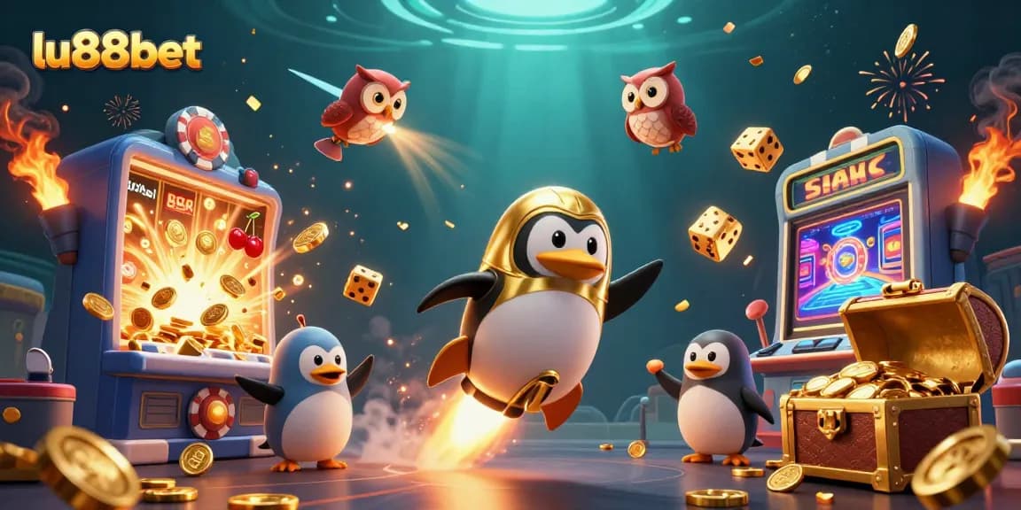 Experience the thrilling universe of lu88bet with a golden penguin soaring towards a casino space station.