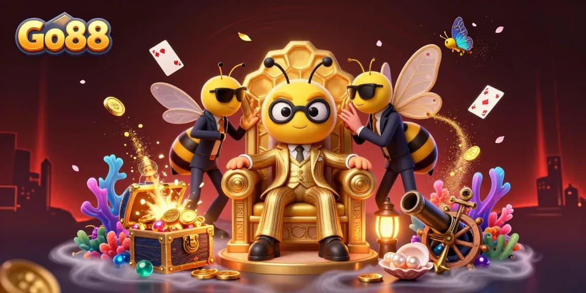 Go88 casino scene with a bumblebee mob boss amid treasures and butterflies promoting exciting gaming.