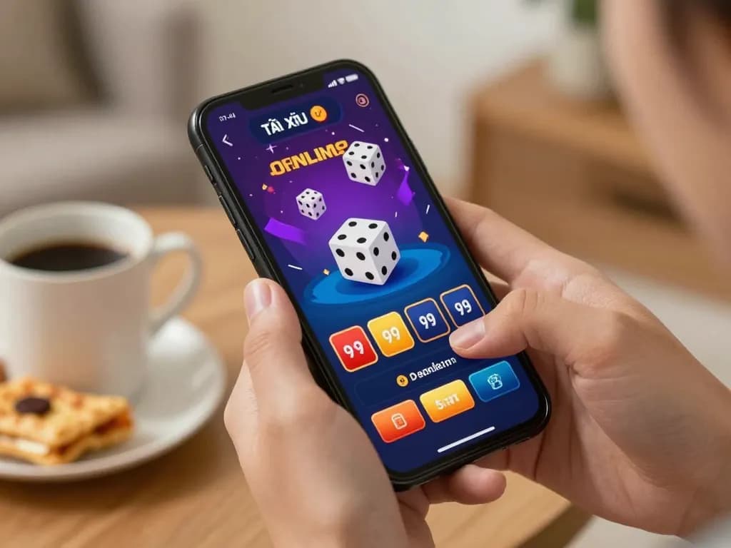 Engaging in tài xỉu online betting on smartphone with vibrant graphics and cozy home atmosphere.