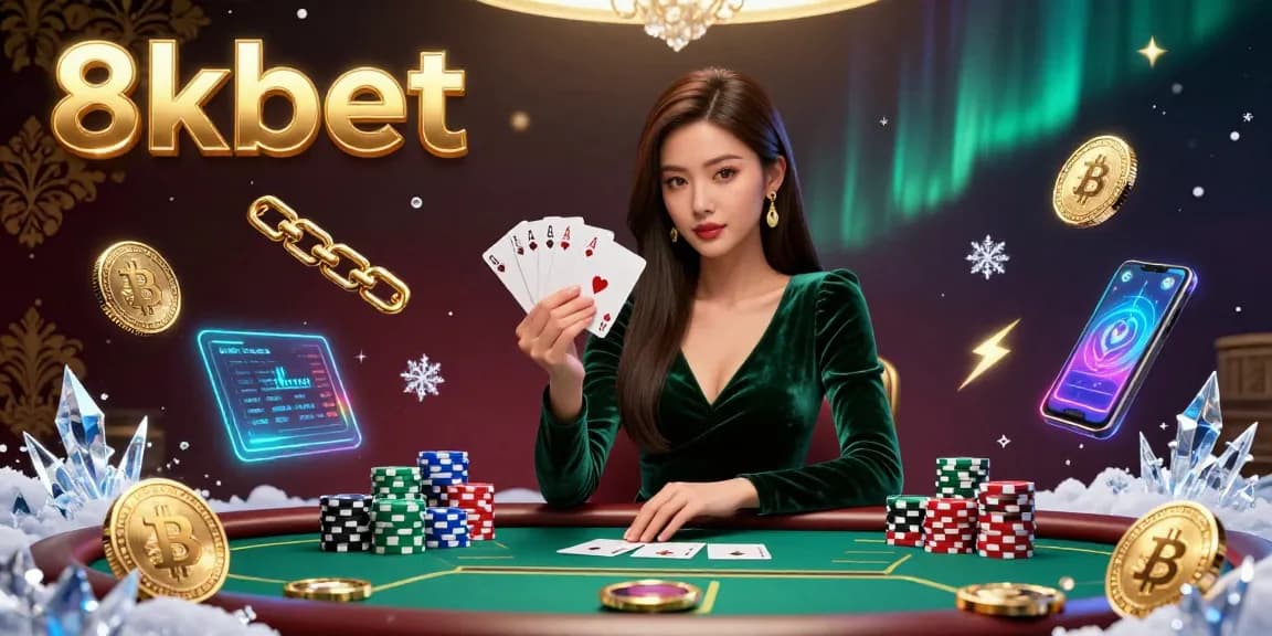 Experience strategic gaming at 8xbet's luxurious poker table with vibrant cryptocurrency elements.