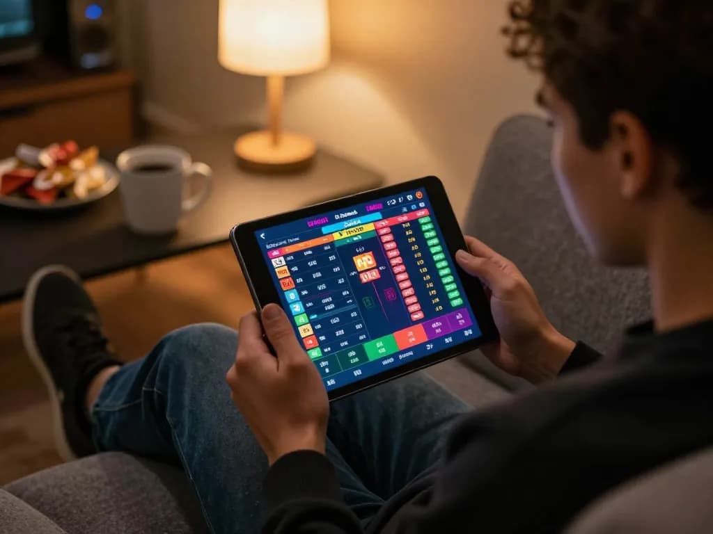 Bongdallu user engaging in online betting on a tablet, analyzing live odds for better wagering decisions.