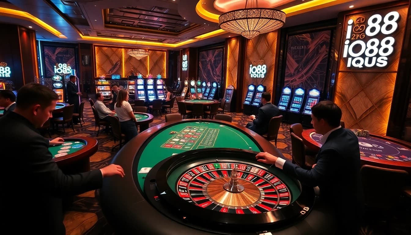 A high-stakes gaming scene featuring iq88 with roulette and poker tables, showcasing vibrant casino excitement.