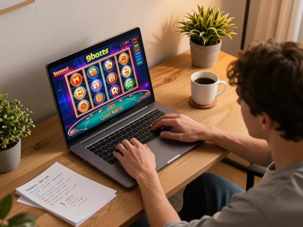 Engaging player strategizing for 9bets online casino gaming with laptop and notes on betting.