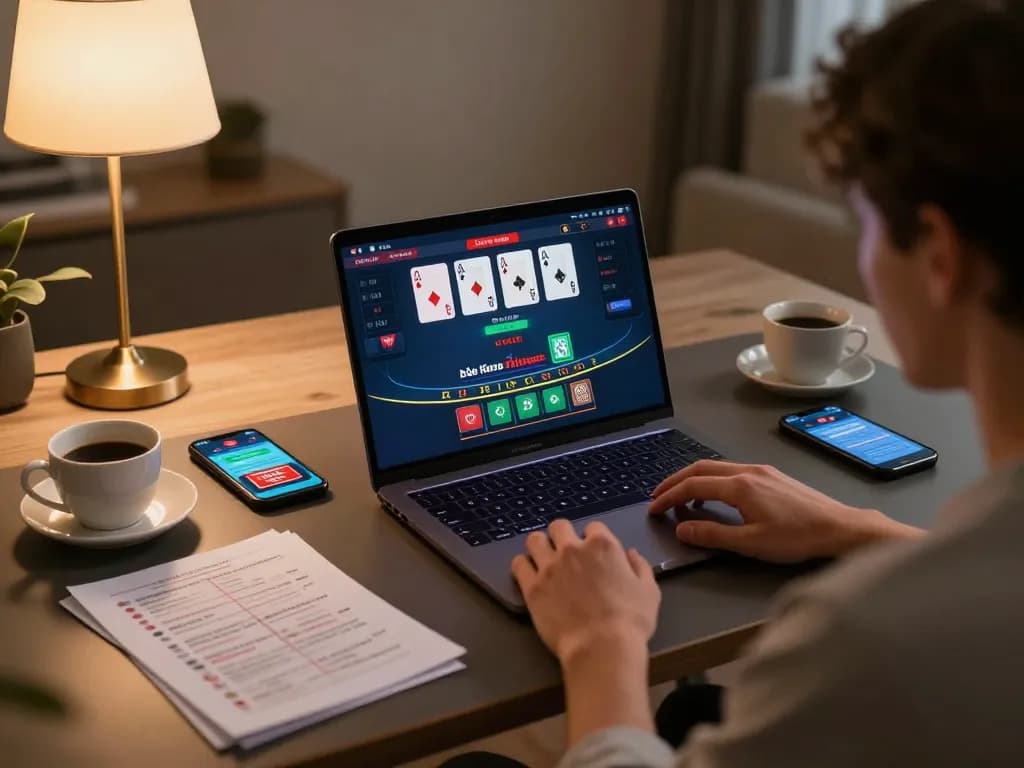 Player enjoying live dealer blackjack on a laptop, showcasing go89 online gaming strategies and responsible play.