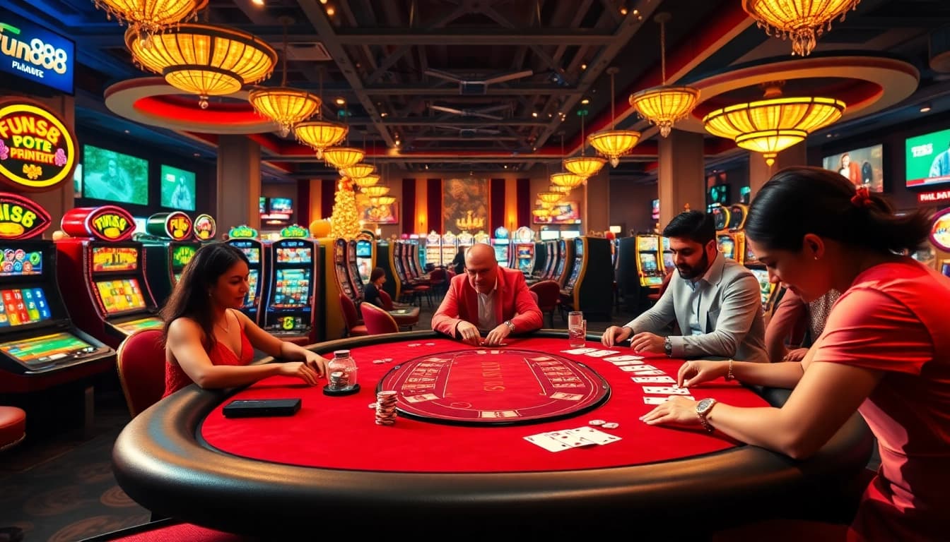 Fun88 poker table scene with players engaged in thrilling gambling action.