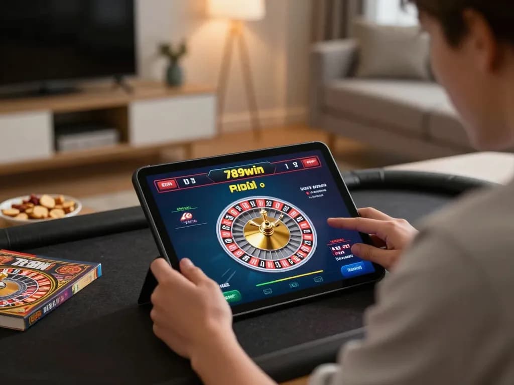 Player enjoys engaging live dealer game on 789win tablet in a cozy home setting