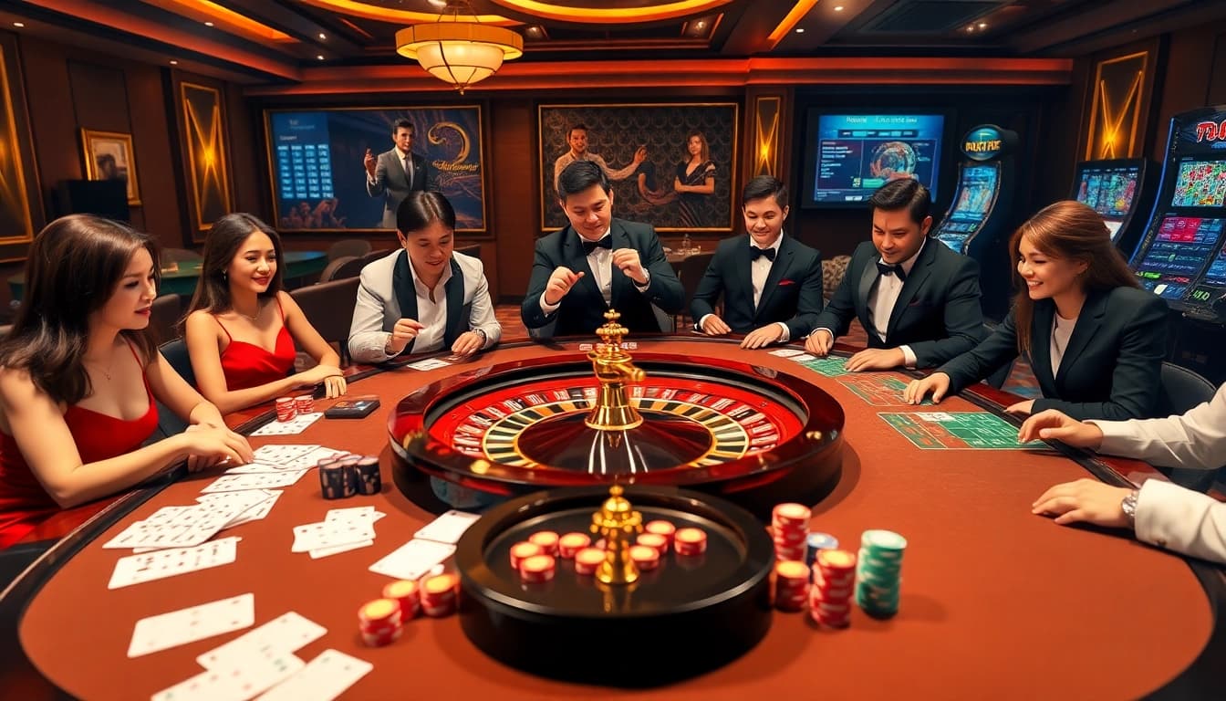 Players enjoying a thrilling gaming experience at https://nk88.sa.com/ casino table filled with poker chips and cards.