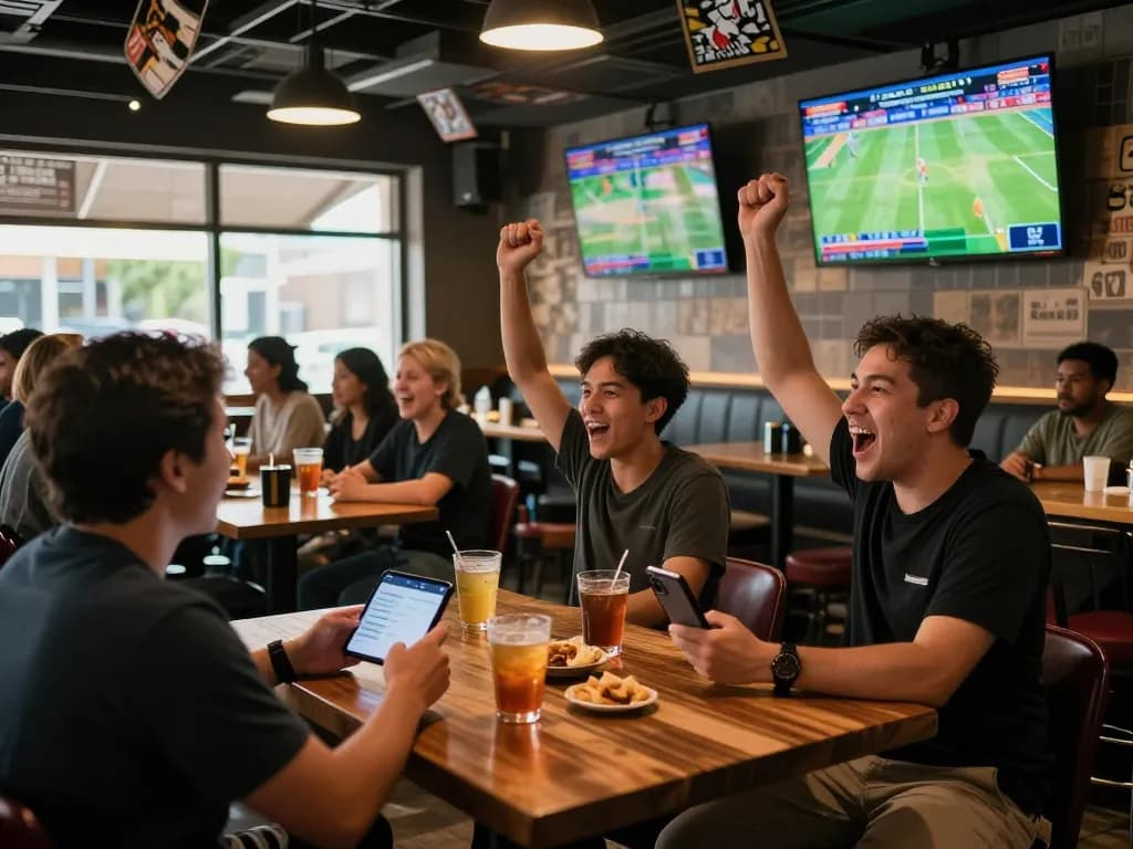 Excited sports bettors engaging with keonhacai app in a vibrant sports bar atmosphere.