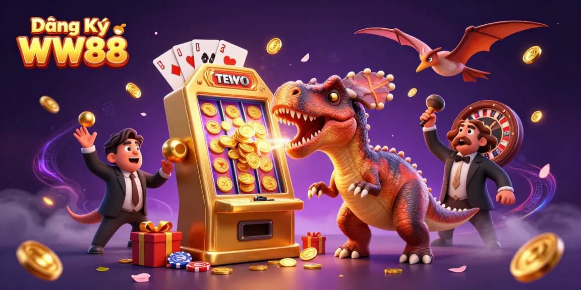 Engaging scene showcasing Đăng Ký WW88 with a dinosaur and casino elements, highlighting fun and excitement.