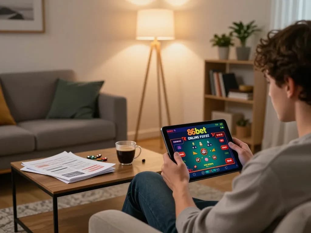 Player engaging with live poker on 86bet platform within a cozy home environment.