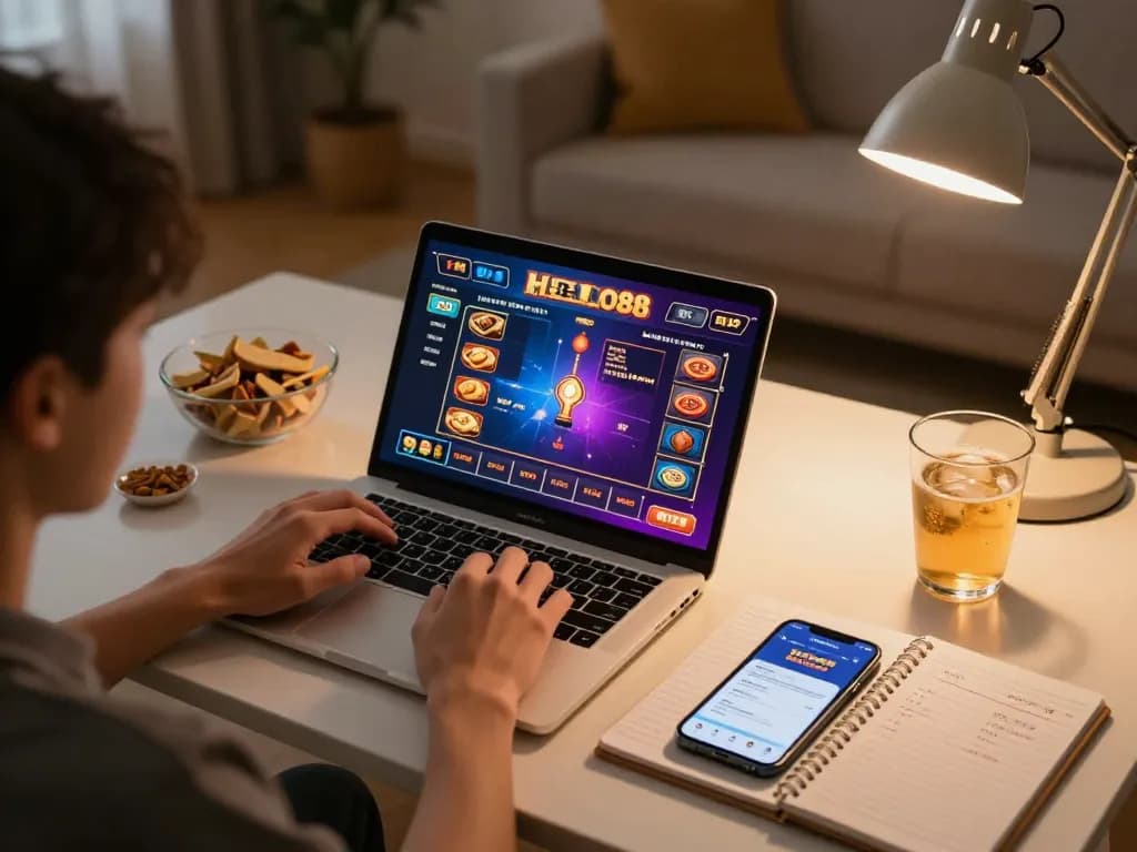 Playing HELLO88 online casino game on a laptop in a cozy setting with betting strategy notes.