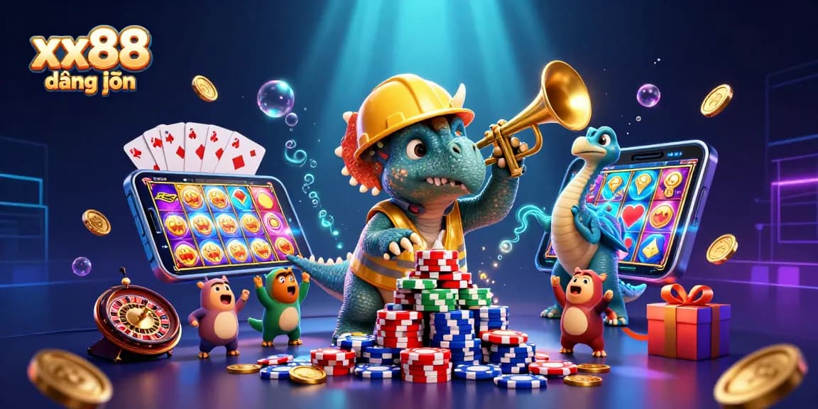Experience the excitement of xx88 đăng nhập with a dynamic casino scene featuring playful characters and vibrant games.