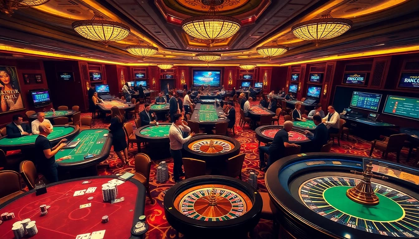 Engaged players enjoying various games at nk88 casino, featuring colorful poker chips and a roulette wheel.