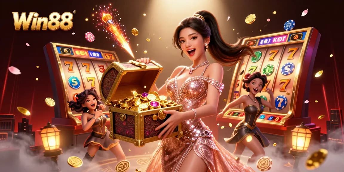 Win88 showcases a stunning Asian woman revealing a treasure chest of coins in an exciting casino illustration.