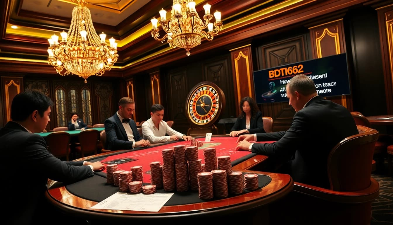 Players engaged in a thrilling poker game at BDTK66 luxury casino, surrounded by vibrant chips and a spinning roulette wheel.
