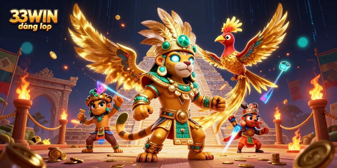 Engage in a vibrant 33WIN đăng nhập experience, featuring a majestic jaguar priest and exquisite quetzal bird amidst a captivating casino scene.