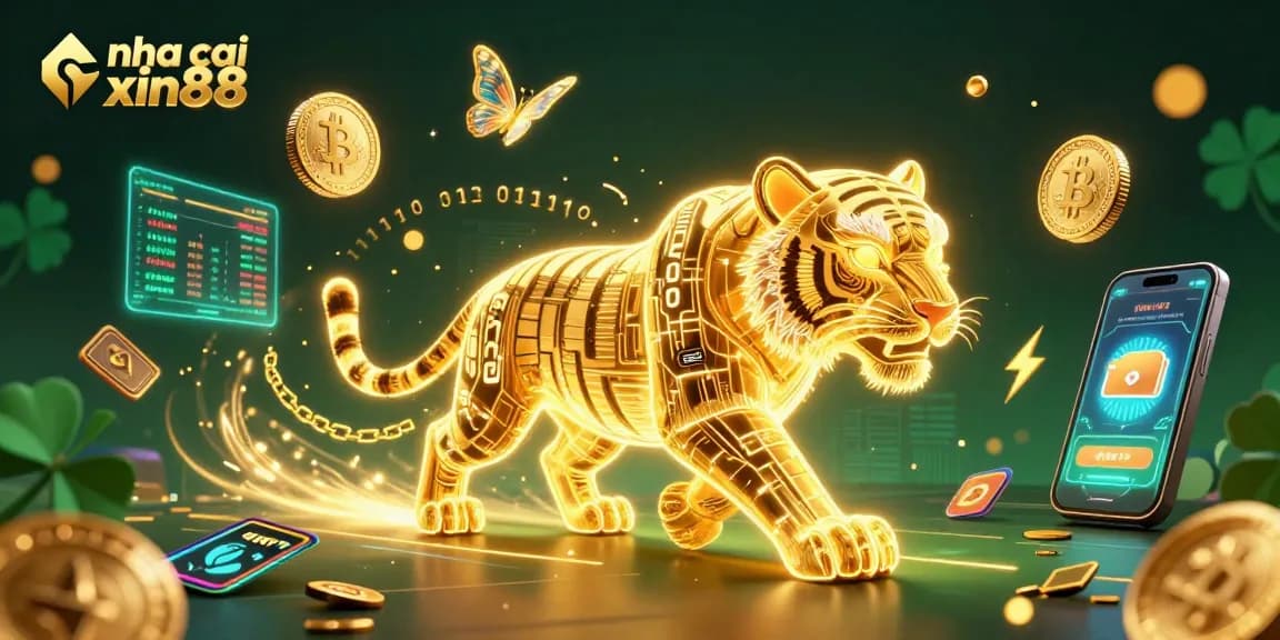 Experience thrilling gameplay at nha cai xin88 with a vibrant digital casino landscape showcasing crypto elements and a neon tiger.