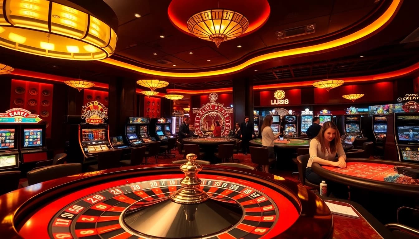 UU88 casino scene showcasing luxurious roulette and slot games with excited players.