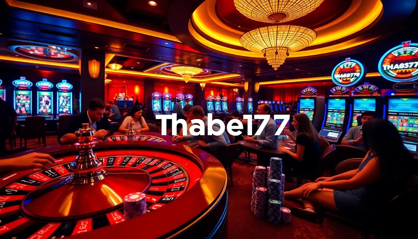 Thabet77 players engaging in thrilling casino games, showcasing excitement and professionalism.