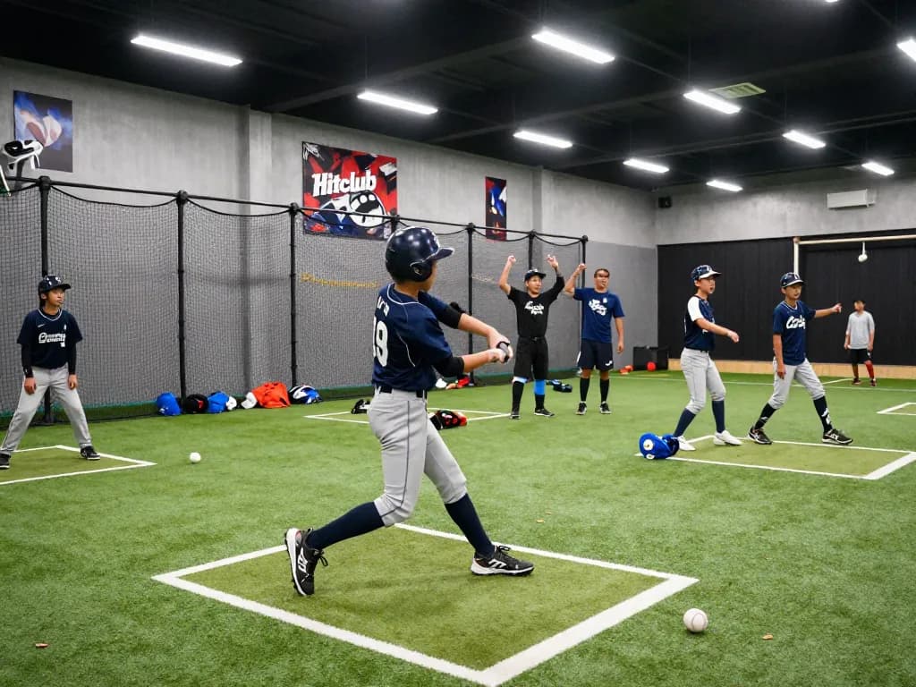 Young athlete practicing baseball at hitclub training facility with teammates cheering.