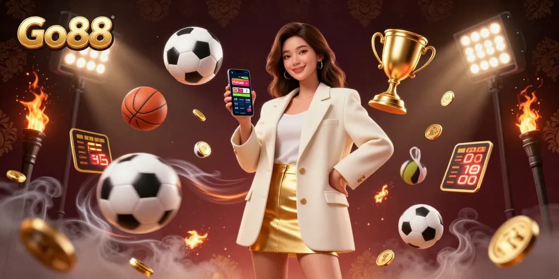 Win big at Go88 with a vibrant, dynamic 3D illustration showcasing sports betting excitement.