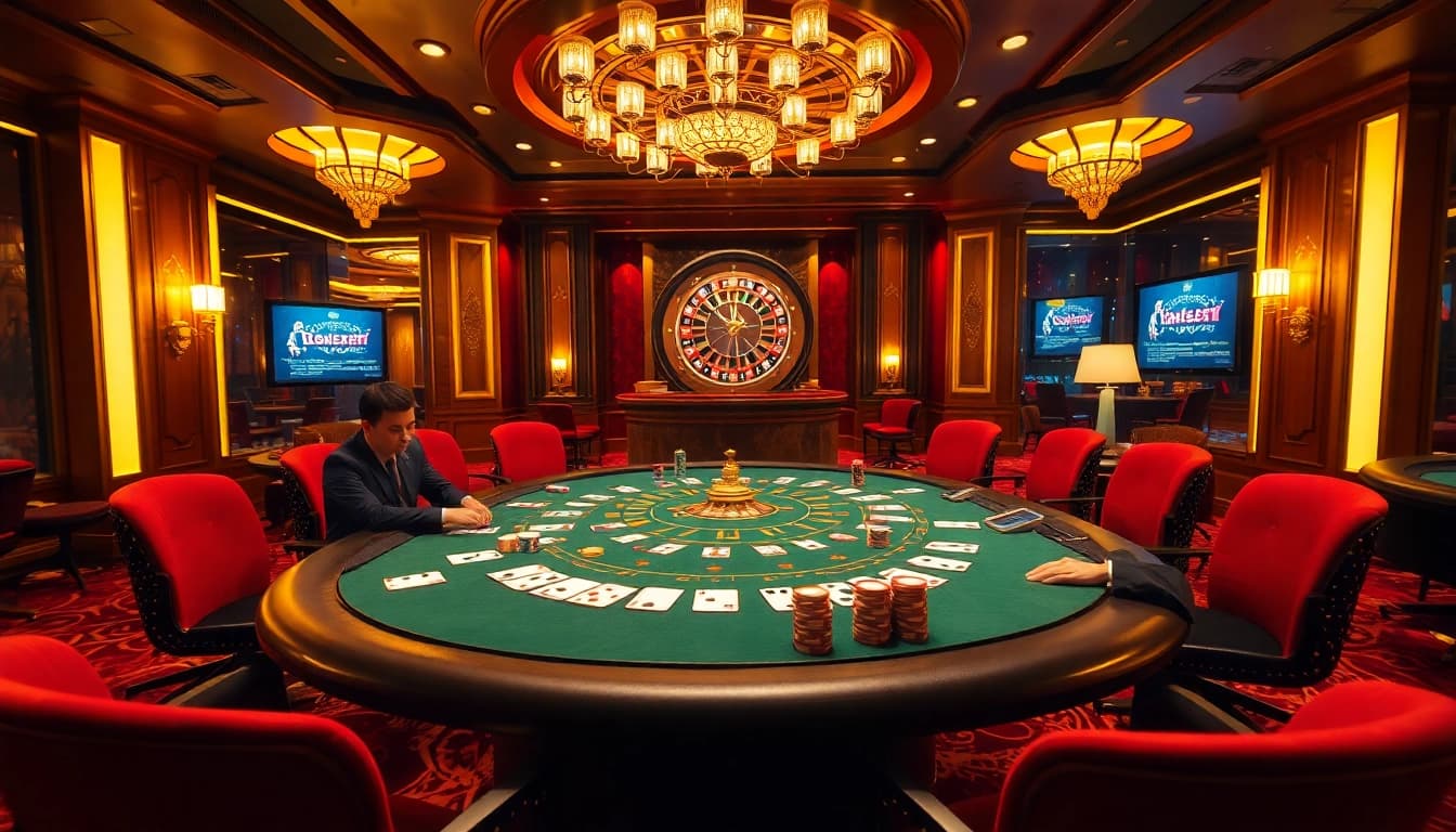 Experience thrilling gameplay at iq88 with a stunning casino ambiance featuring poker tables and roulette.