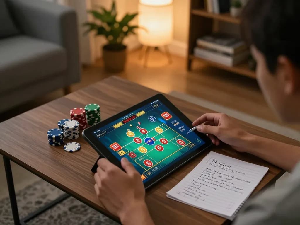 Player enjoying tài xỉu online on a tablet with strategic notes in cozy home lighting, enhancing focus and engagement.