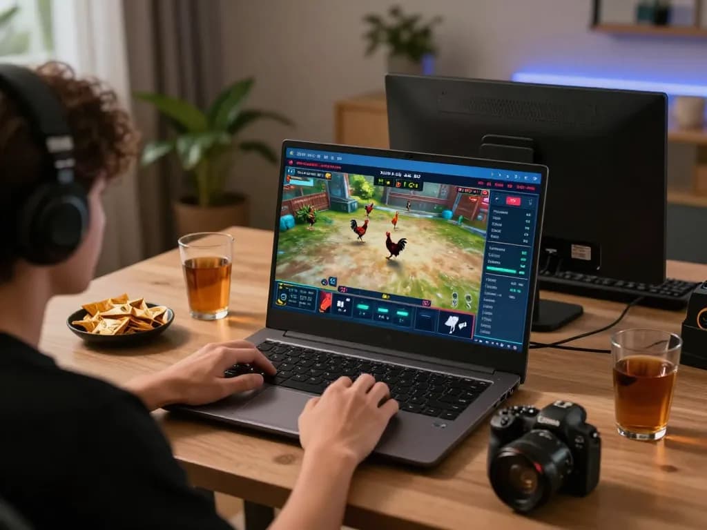 Người chơi hứng thú xem đá gà trực tiếp HD trên laptop trong khi thưởng thức đồ ăn nhẹ.