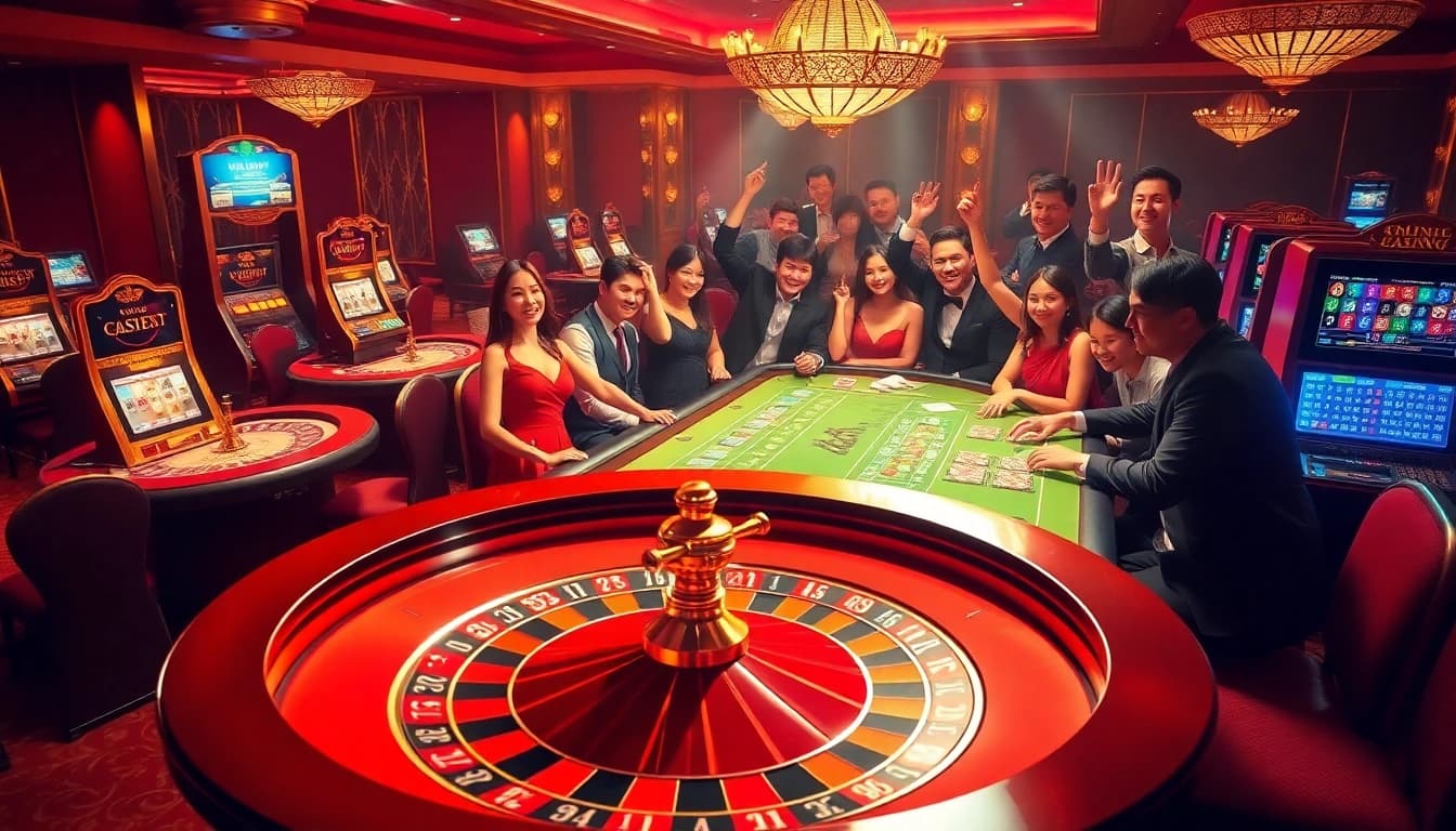 Gambling excitement at nhà cái XX88 with players at poker and baccarat tables enjoying wins.